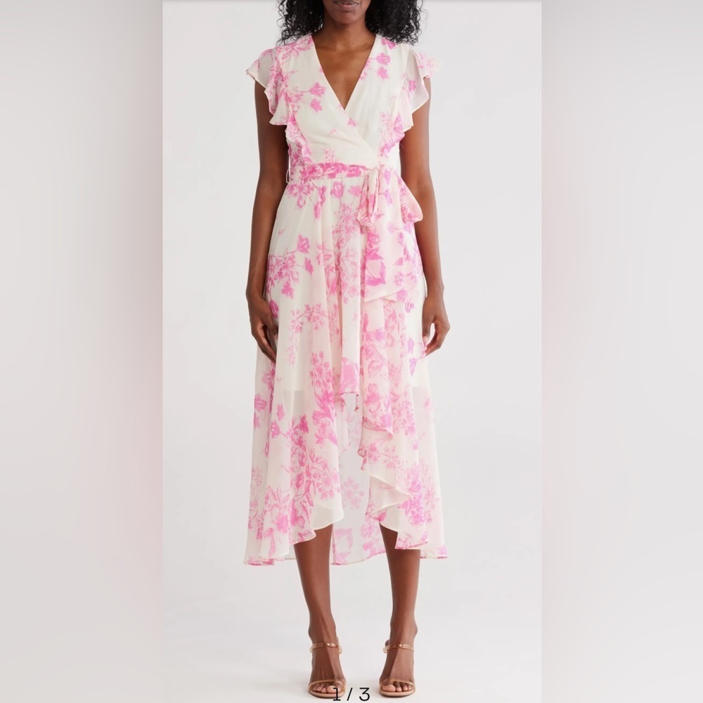Eliza J Pink Flutter Sleeve Faux Wrap Midi Dress